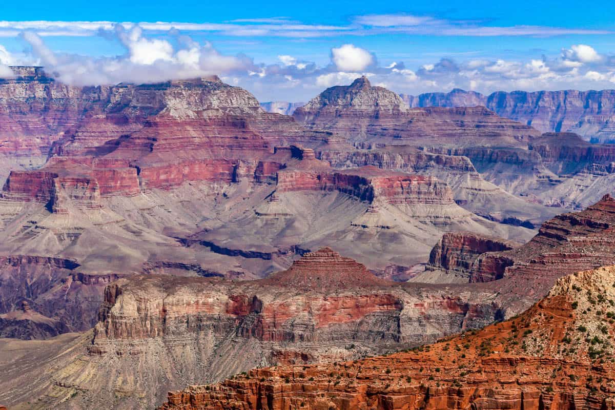 Grand Canyon amphitheater with layered mesas beside Distant rim in Grand Canyon National Park, Arizona, United States.