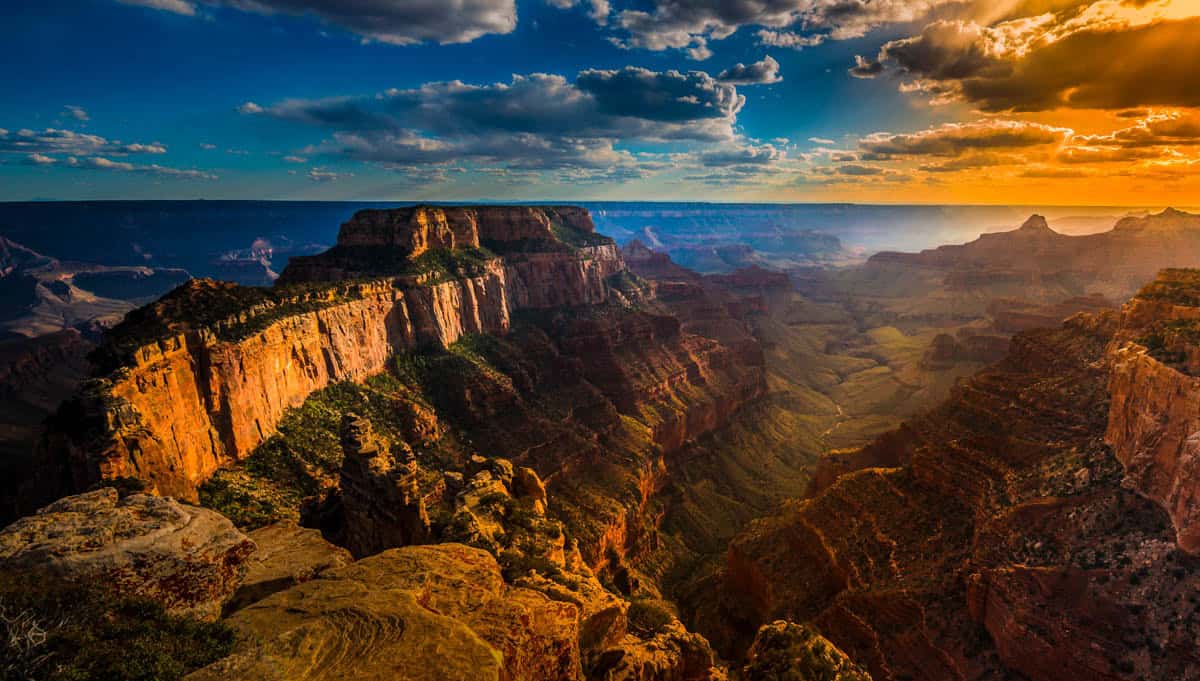 Flat-topped mesa glowing at sunset in Grand Canyon National Park